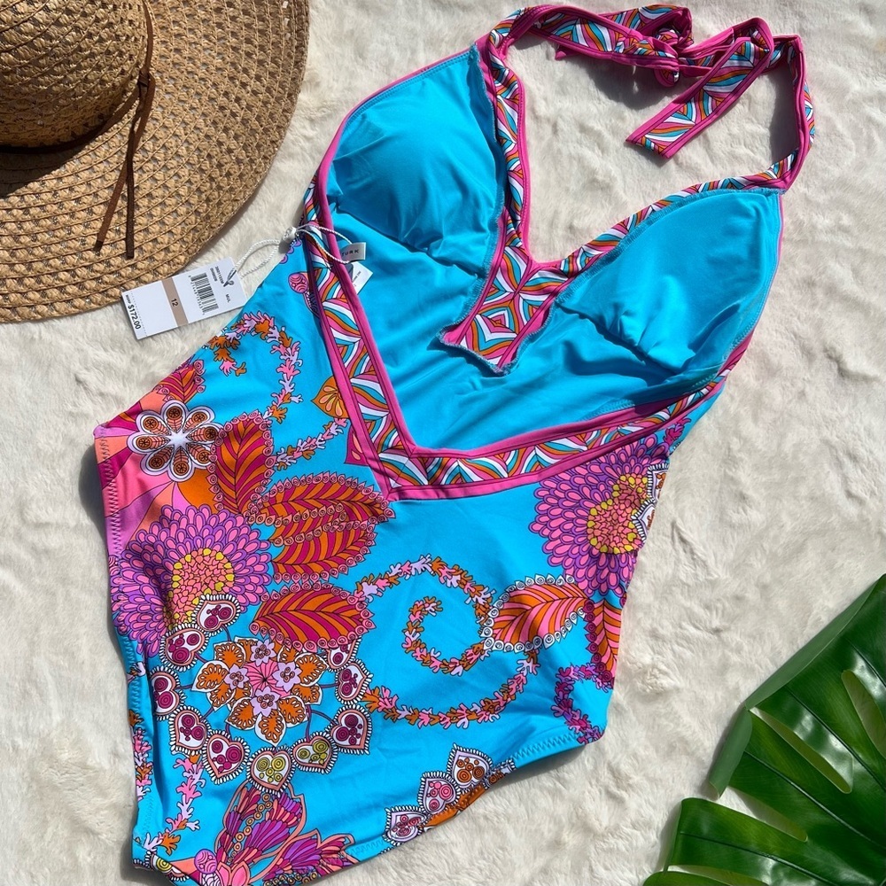 Trina Turk Pink & Turquoise Floral Halter One-Piece Swimsuit - Picture 6 of 11